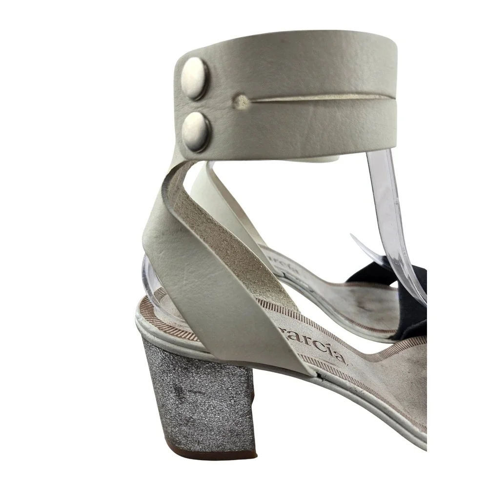 Pedro Garcia Xola Sandals White Leather Black‎ Suede Silver Block Heel Size 37 7